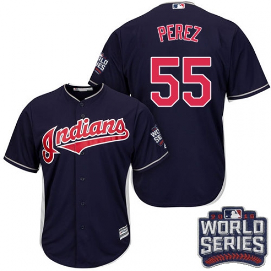 Youth Majestic Cleveland Indians 55 Roberto Perez Authentic Navy Blue Alternate 1 2016 World Series Bound Cool Base MLB Jersey