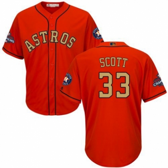 Men's Majestic Houston Astros 33 Mike Scott Replica Orange Alternate 2018 Gold Program Cool Base MLB Jersey