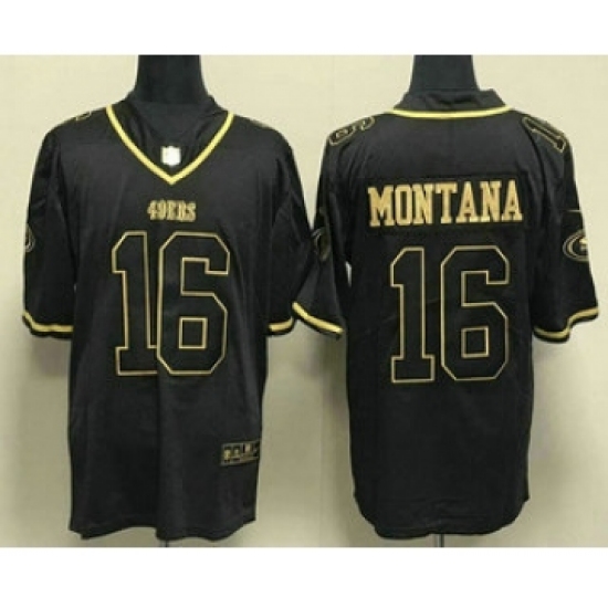 Men's San Francisco 49ers 16 Joe Montana Black Gold Stitched Jersey