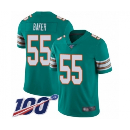 Men's Miami Dolphins 55 Jerome Baker Aqua Green Alternate Vapor Untouchable Limited Player 100th Season Football Jersey