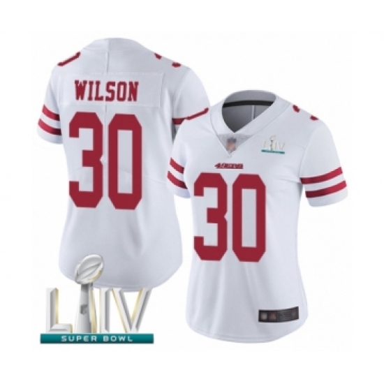 Women's San Francisco 49ers 30 Jeff Wilson White Vapor Untouchable Limited Player Super Bowl LIV Bound Football Jersey