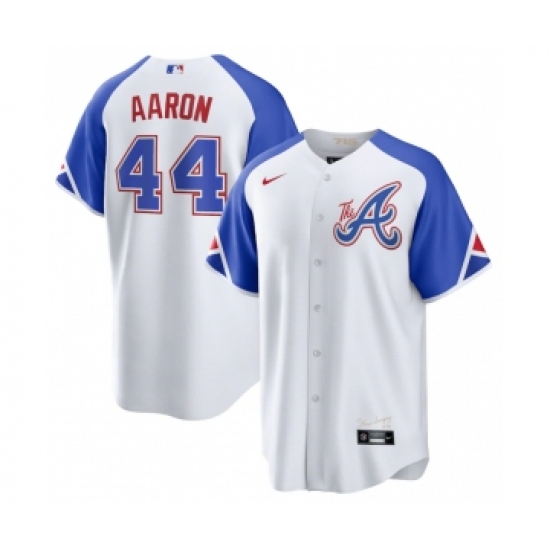 Men's Atlanta Braves 44 Hank Aaron White 2023 City Connect Cool Base Stitched Baseball Jersey