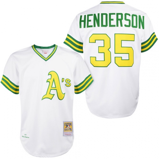 Men's Mitchell and Ness Oakland Athletics 35 Rickey Henderson Replica White 1979 Throwback MLB Jersey