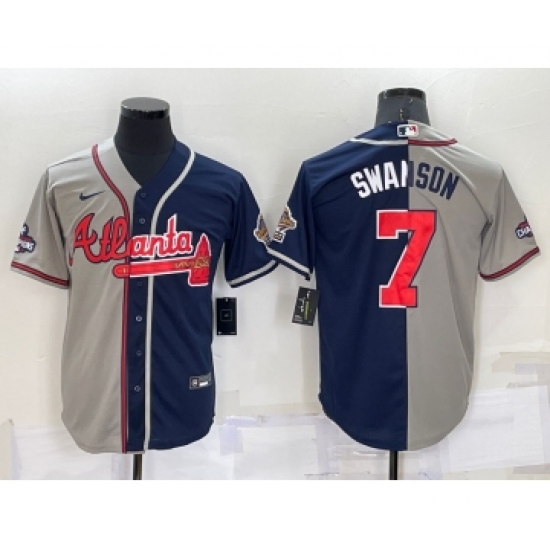 Men's Atlanta Braves 7 Dansby Swanson Grey Navy Blue Two Tone Stitched Nike Jersey