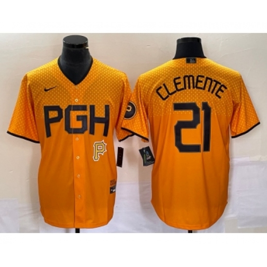 Men's Nike Pittsburgh Pirates 21 Roberto Clemente Gold 2023 City Connect Stitched Jersey 1