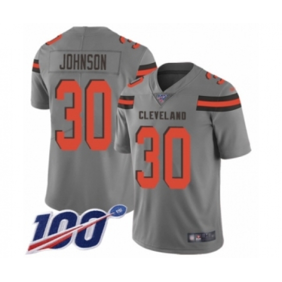 Men's Cleveland Browns 30 D'Ernest Johnson Limited Gray Inverted Legend 100th Season Football Jersey