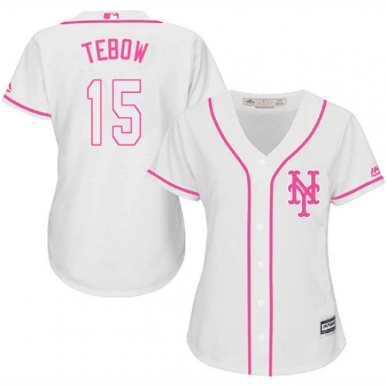 Women's Majestic New York Mets 15 Tim Tebow Authentic White Fashion Cool Base MLB Jersey