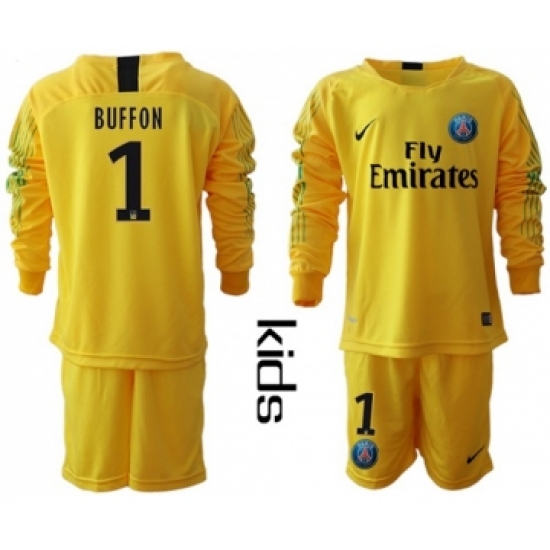 Paris Saint Germain 1 Buffon Yellow Goalkeeper Long Sleeves Kid Soccer Club Jersey