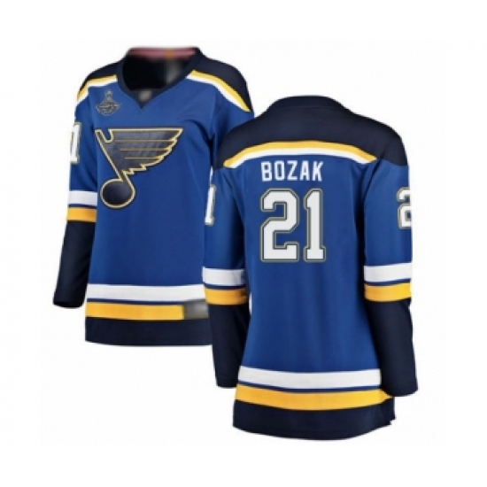 Women's St. Louis Blues 21 Tyler Bozak Fanatics Branded Royal Blue Home Breakaway 2019 Stanley Cup Champions Hockey Jersey