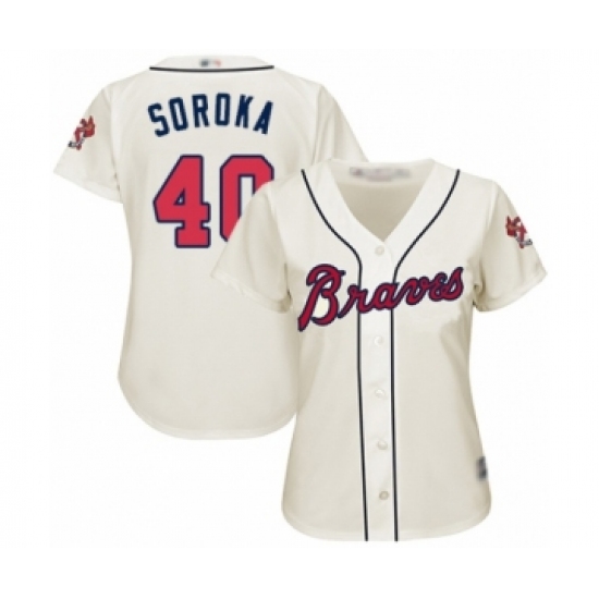 Women's Atlanta Braves 40 Mike Soroka Authentic Cream Alternate 2 Cool Base Baseball Jersey