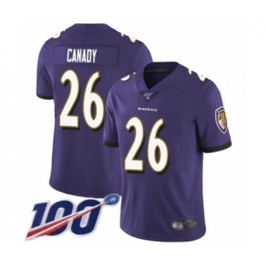 Men's Baltimore Ravens 26 Maurice Canady Purple Team Color Vapor Untouchable Limited Player 100th Season Football Jersey