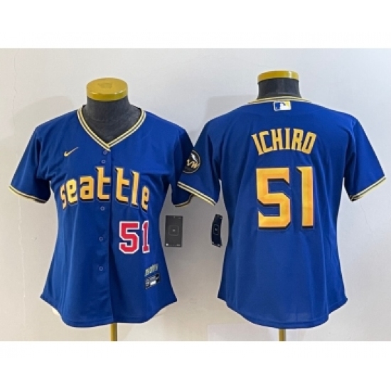 Women's Seattle Mariners 51 Ichiro Suzuki Number Blue 2023 City Connect Cool Base Stitched Jersey1