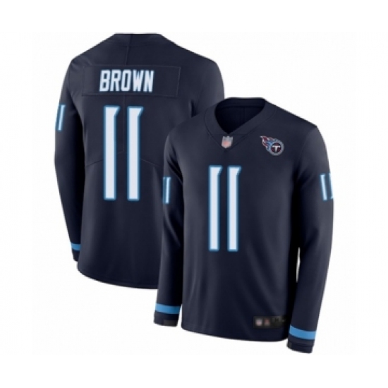 Men's Tennessee Titans 11 A.J. Brown Limited Navy Blue Therma Long Sleeve Football Jersey