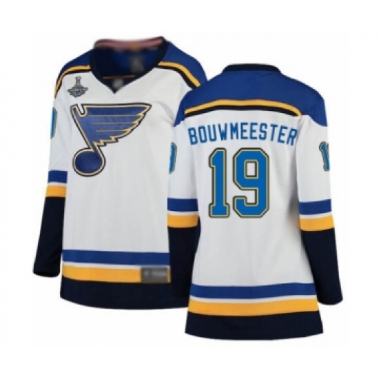 Women's St. Louis Blues 19 Jay Bouwmeester Fanatics Branded White Away Breakaway 2019 Stanley Cup Champions Hockey Jersey