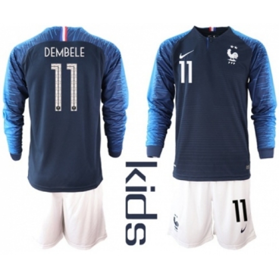 France 11 Dembele Home Long Sleeves Kid Soccer Country Jersey