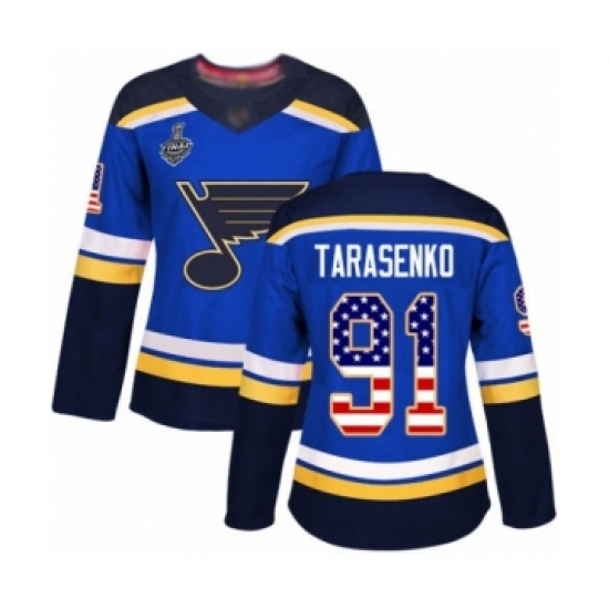 Women's St. Louis Blues 91 Vladimir Tarasenko Authentic Blue USA Flag Fashion 2019 Stanley Cup Final Bound Hockey Jersey