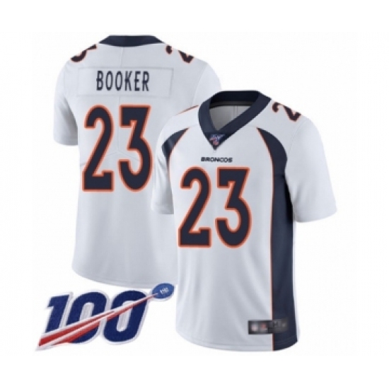 Men's Denver Broncos 23 Devontae Booker White Vapor Untouchable Limited Player 100th Season Football Jersey