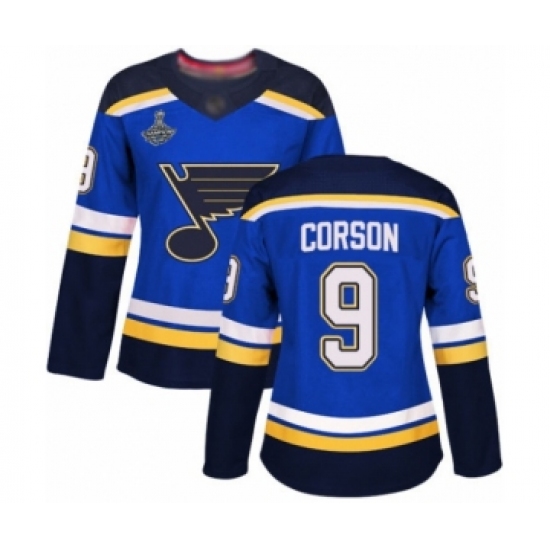 Women's St. Louis Blues 9 Shayne Corson Authentic Royal Blue Home 2019 Stanley Cup Champions Hockey Jersey