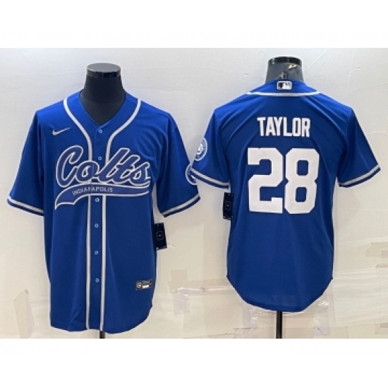 Men's Indianapolis Colts 28 Jonathan Taylor Blue With Patch Cool Base Stitched Baseball Jersey