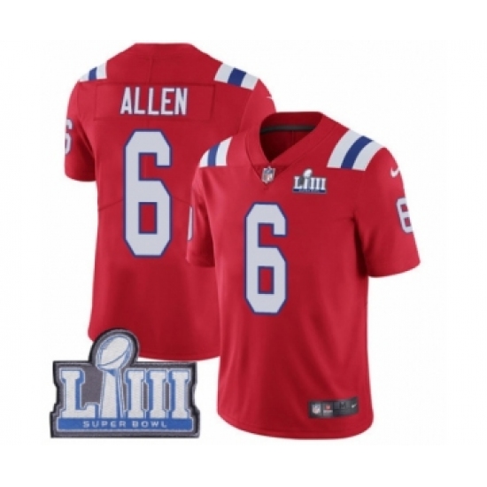 Men's Nike New England Patriots 6 Ryan Allen Red Alternate Vapor Untouchable Limited Player Super Bowl LIII Bound NFL Jersey