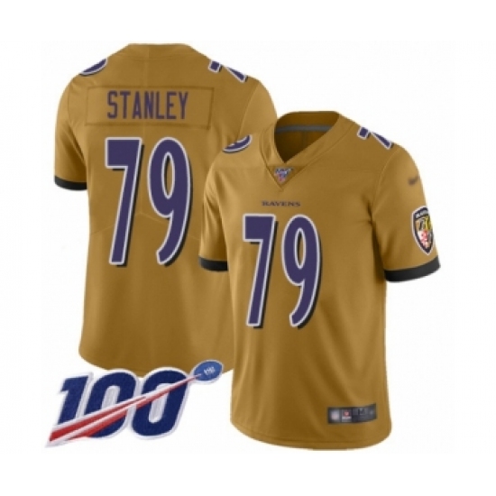 Men's Baltimore Ravens 79 Ronnie Stanley Limited Gold Inverted Legend 100th Season Football Jersey