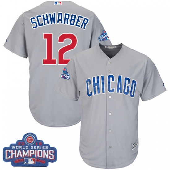 Youth Majestic Chicago Cubs 12 Kyle Schwarber Authentic Grey Road 2016 World Series Champions Cool Base MLB Jersey