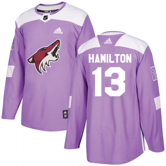 Men's Adidas Arizona Coyotes 13 Freddie Hamilton Authentic Purple Fights Cancer Practice NHL Jersey