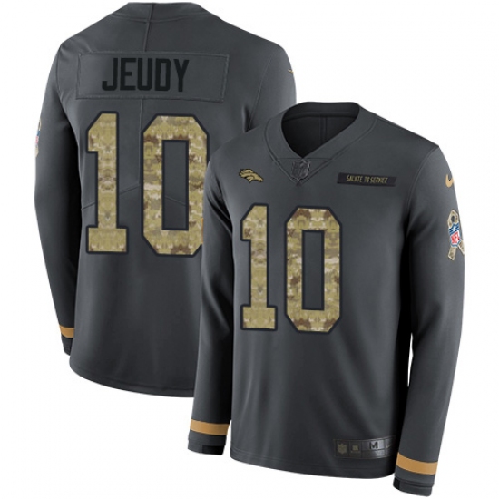 Men's Denver Broncos 10 Jerry Jeudy Anthracite Salute to Service Stitched Limited Therma Long Sleeve Jersey