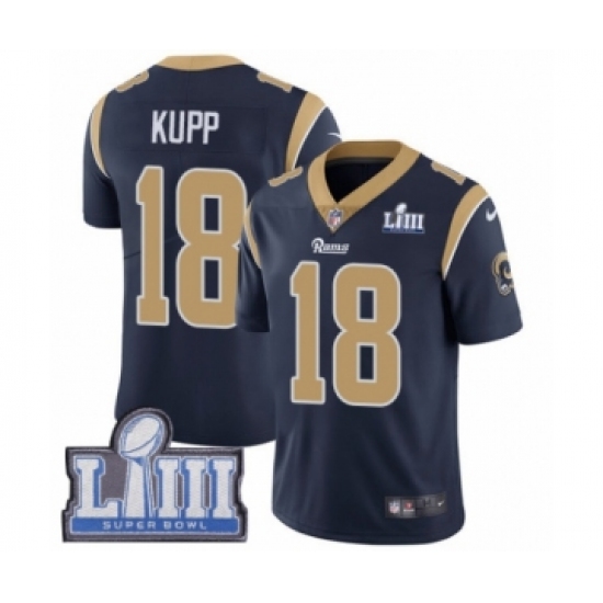 Men's Nike Los Angeles Rams 18 Cooper Kupp Navy Blue Team Color Vapor Untouchable Limited Player Super Bowl LIII Bound NFL Jersey