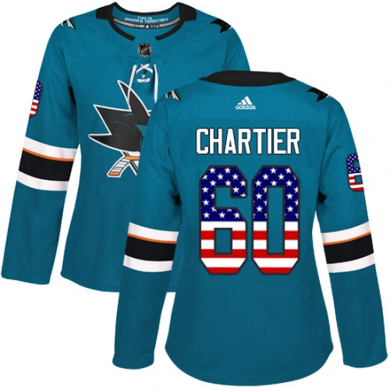 Women's Adidas San Jose Sharks 60 Rourke Chartier Authentic Teal Green USA Flag Fashion NHL Jersey