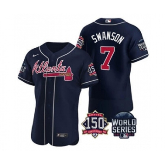 Men's Atlanta Braves 7 Dansby Swanson 2021 Navy World Series Flex Base With 150th Anniversary Patch Baseball Jersey