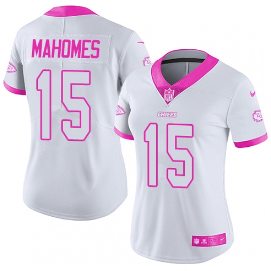 Women's Nike Kansas City Chiefs 15 Patrick Mahomes White Pink Stitched NFL Limited Rush Fashion Jersey