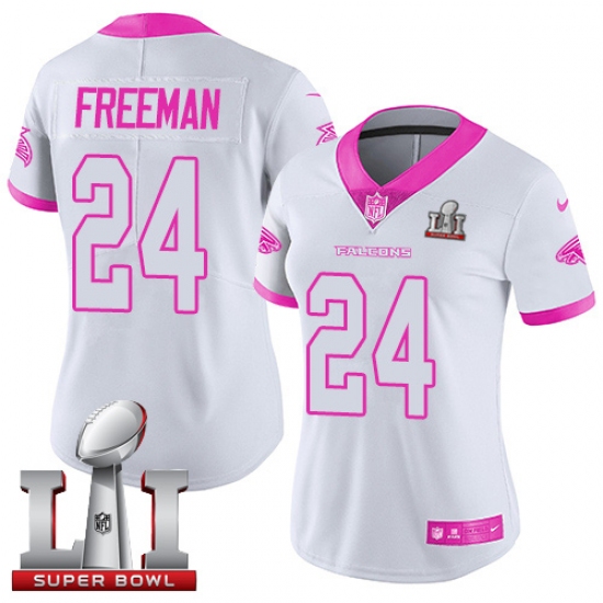 Women's Nike Atlanta Falcons 24 Devonta Freeman Limited White/Pink Rush Fashion Super Bowl LI 51 NFL Jersey