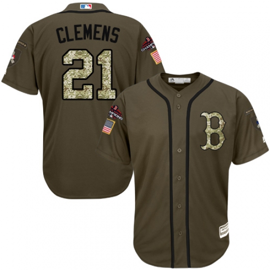 Men's Majestic Boston Red Sox 21 Roger Clemens Authentic Green Salute to Service 2018 World Series Champions MLB Jersey