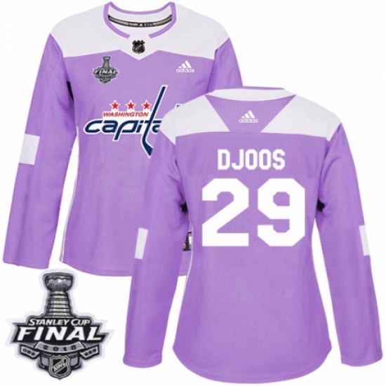 Women's Adidas Washington Capitals 29 Christian Djoos Authentic Purple Fights Cancer Practice 2018 Stanley Cup Final NHL Jersey