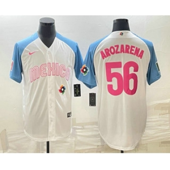 Men's Mexico Baseball 56 Randy Arozarena 2023 White Blue World Classic Stitched Jersey1