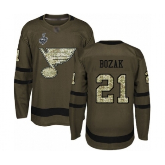 Men's St. Louis Blues 21 Tyler Bozak Authentic Green Salute to Service 2019 Stanley Cup Final Bound Hockey Jersey