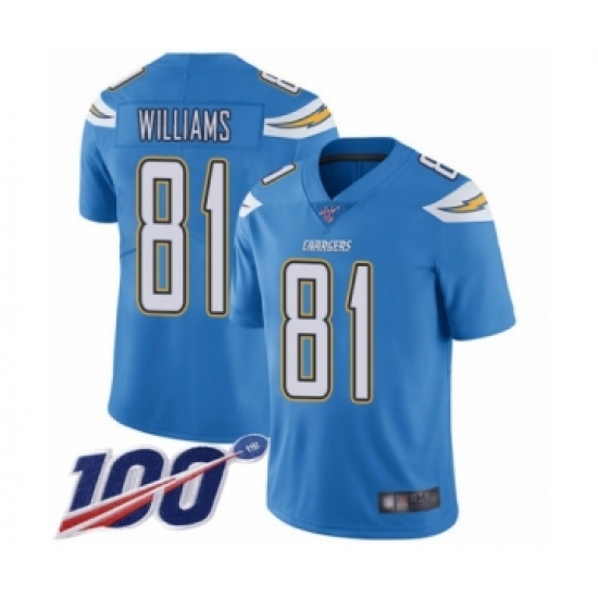 Men's Los Angeles Chargers 81 Mike Williams Electric Blue Alternate Vapor Untouchable Limited Player 100th Season Football Jersey