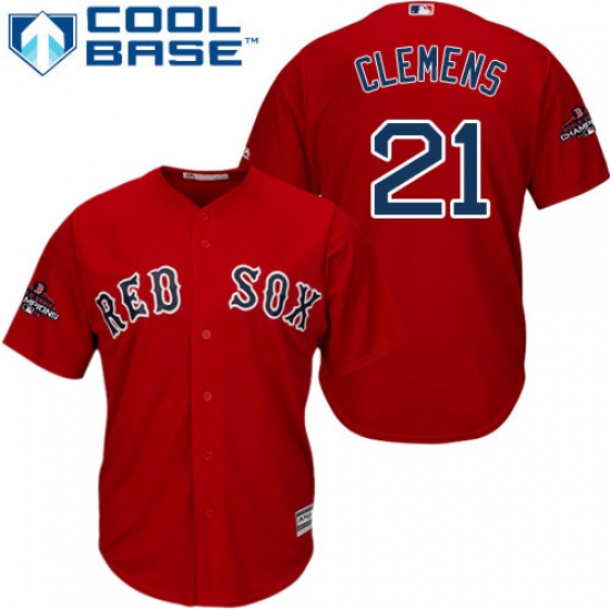 Youth Majestic Boston Red Sox 21 Roger Clemens Authentic Red Alternate Home Cool Base 2018 World Series Champions MLB Jersey