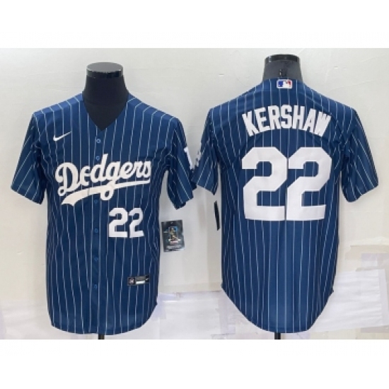 Men's Los Angeles Dodgers 22 Clayton Kershaw Number Navy Blue Pinstripe Stitched MLB Cool Base Nike Jersey