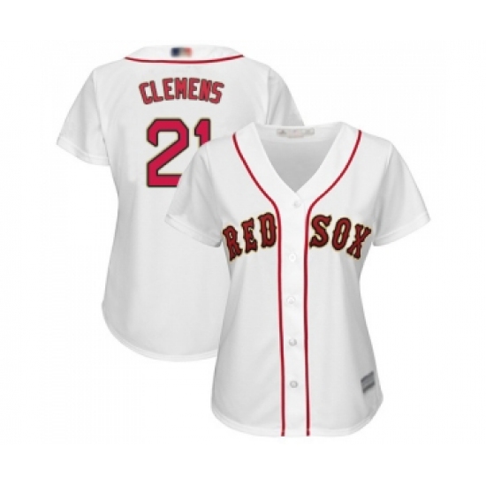 Women's Boston Red Sox 21 Roger Clemens Authentic White 2019 Gold Program Cool Base Baseball Jersey