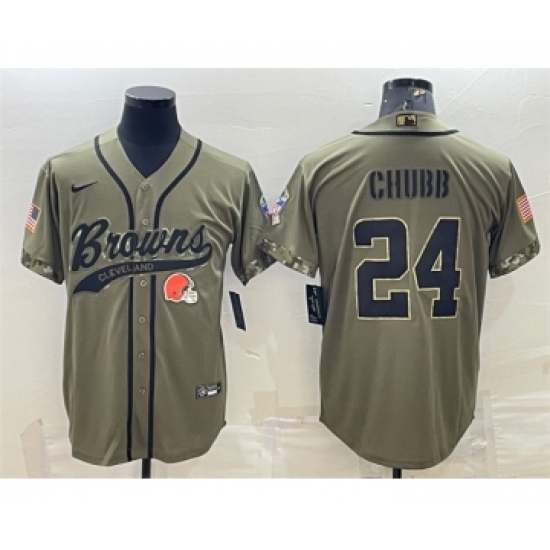 Men's Cleveland Browns 24 Nick Chubb Olive 2022 Salute To Service Cool Base Stitched Baseball Jersey