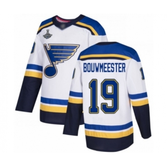 Men's St. Louis Blues 19 Jay Bouwmeester Authentic White Away 2019 Stanley Cup Champions Hockey Jersey