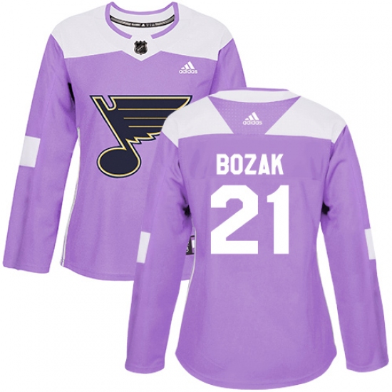 Women's Adidas St. Louis Blues 21 Tyler Bozak Authentic Purple Fights Cancer Practice NHL Jersey