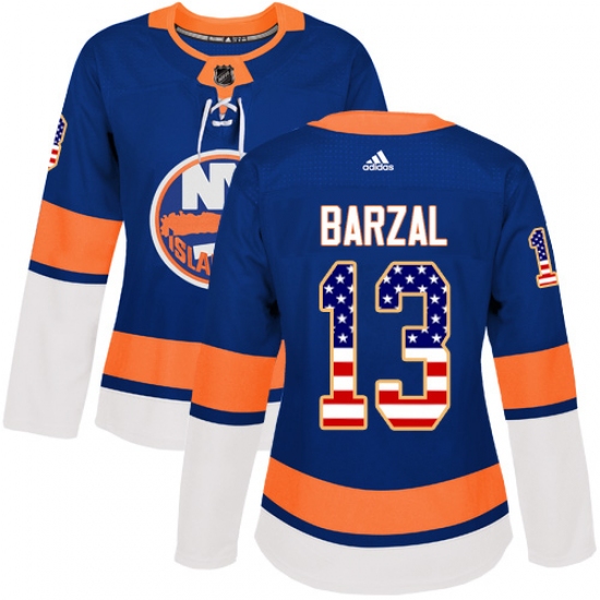 Women's Adidas New York Islanders 13 Mathew Barzal Authentic Royal Blue USA Flag Fashion NHL Jersey