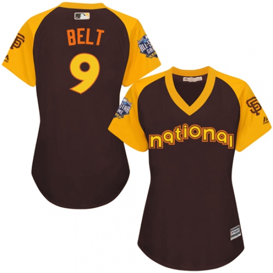 Women's Majestic San Francisco Giants 9 Brandon Belt Authentic Brown 2016 All-Star National League BP Cool Base MLB Jersey