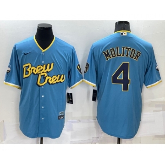 Men's Milwaukee Brewers 4 Paul Molitor Blue 2022 City Connect Cool Base Stitched Jersey