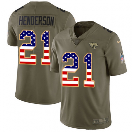 Men's Jacksonville Jaguars 21 C.J. Henderson Olive USA Flag Stitched Limited 2017 Salute To Service Jersey