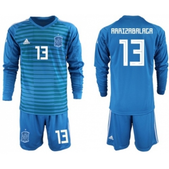 Spain 13 Arrizabalaga Blue Goalkeeper Long Sleeves Soccer Country Jersey