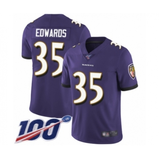 Men's Baltimore Ravens 35 Gus Edwards Purple Team Color Vapor Untouchable Limited Player 100th Season Football Jersey